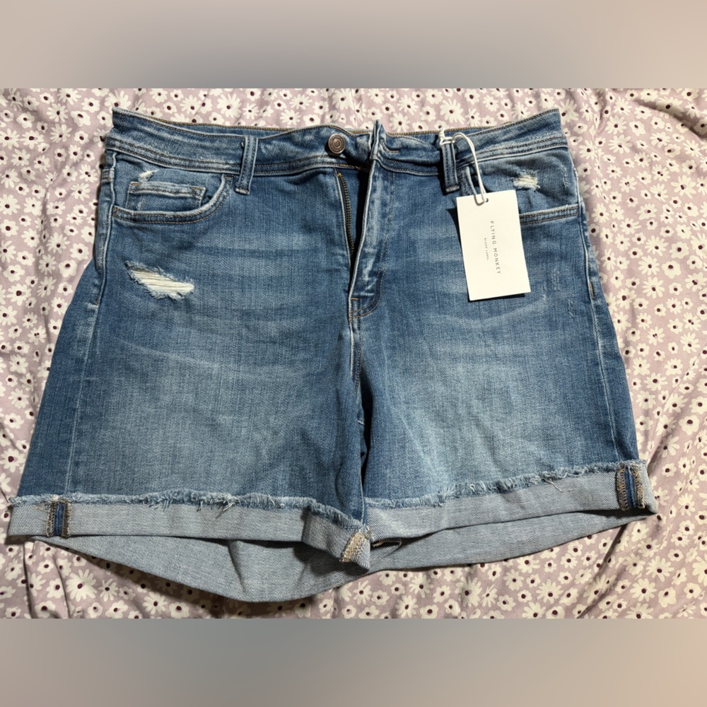 Flying Monkey Mid Wash Rolled Hem Denim Shorts
